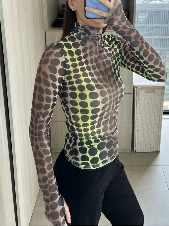 AFRM Tops - AFRM Neon Green and Gray Sheer Polka Dot Turtleneck Long Sleeve Top